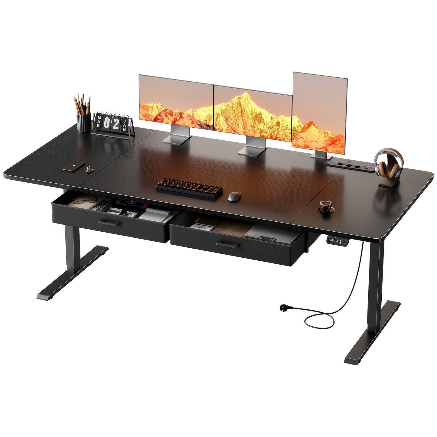 Furnishia Bureau Vertical Électrique avec Panneau Intelligent à Mémoire et 2 Tiroirs, Bureau à Hauteur Réglable avec Prises de Courant, pour Bureau d'Ordinateur à Domicile, Poste de Travail d'Écriture et Chambre à Coucher