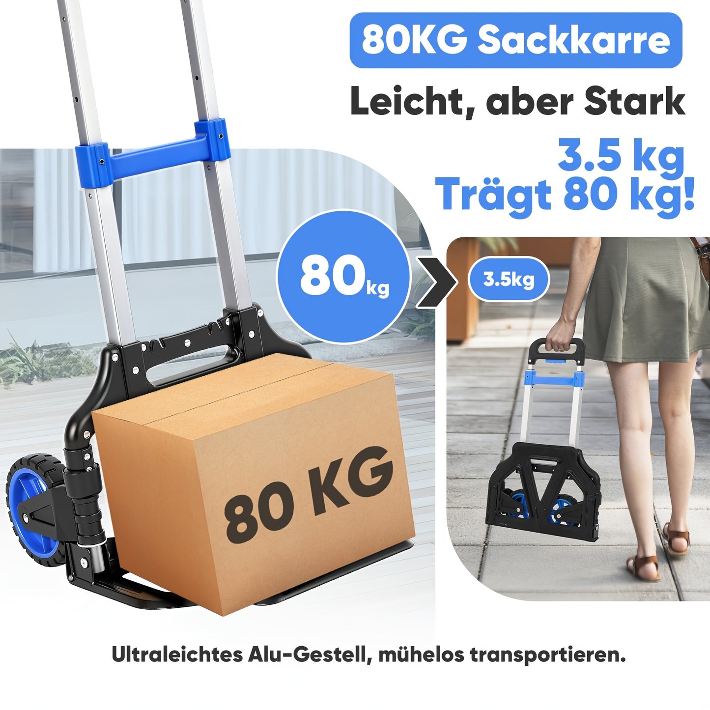 Chariot à bras pliant, Chariot de transport pliant 2-en-1 (150 kg et 80 kg), Chariot de transport robuste, Chariot plateforme avec une capacité de charge allant jusqu'à 150 kg, Chariot de transport avec roues à double roulement en TPR, frein, patin antidé