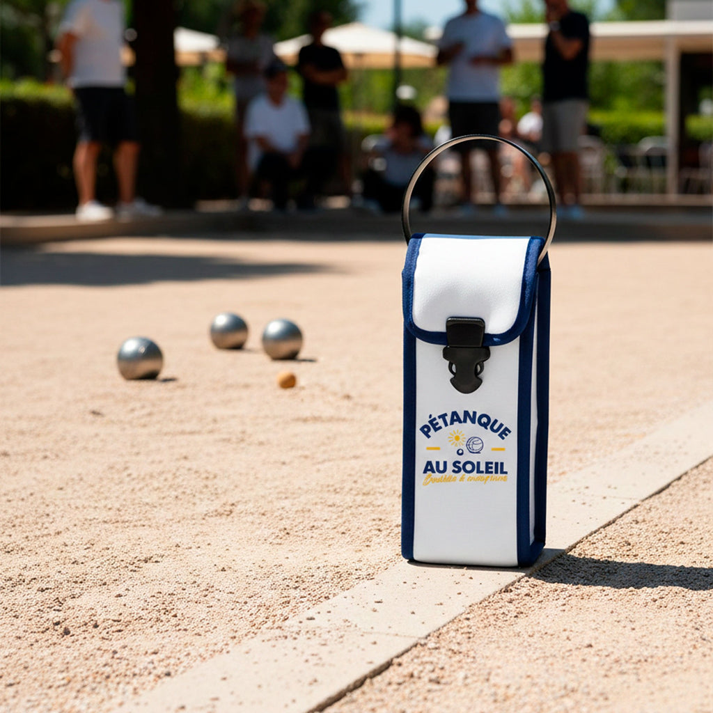 Étui de Pétanque Au Soleil – Sacoche 3 Boules Blanc et Bleu en Simili Cuir