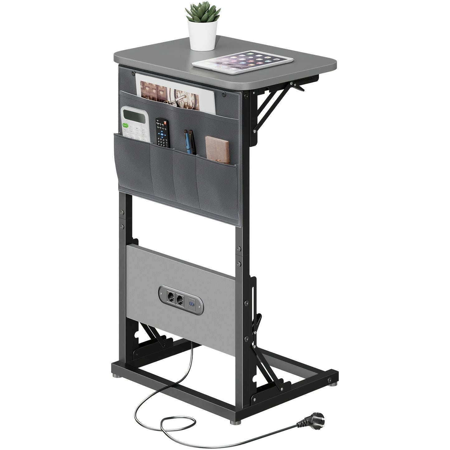 Table d'appoint en forme de C, table à manger pliable et plateau TV avec prises intégrées, table d'appoint pliable peu encombrante pour canapé, fauteuil inclinable, salon et chambre à coucher