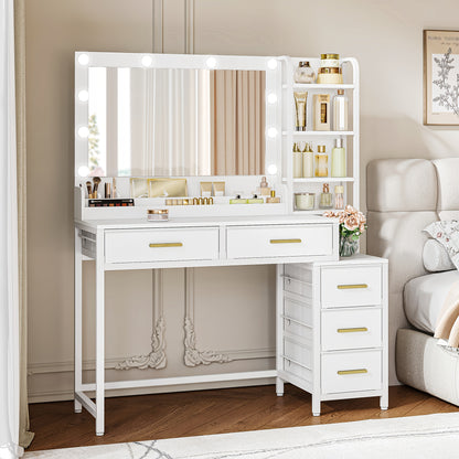 Coiffeuse avec grand miroir, 5 tiroirs, 5 compartiments ouverts, espace de rangement devant le miroir, moderne, blanche, 40 × 110 × 141 cm
