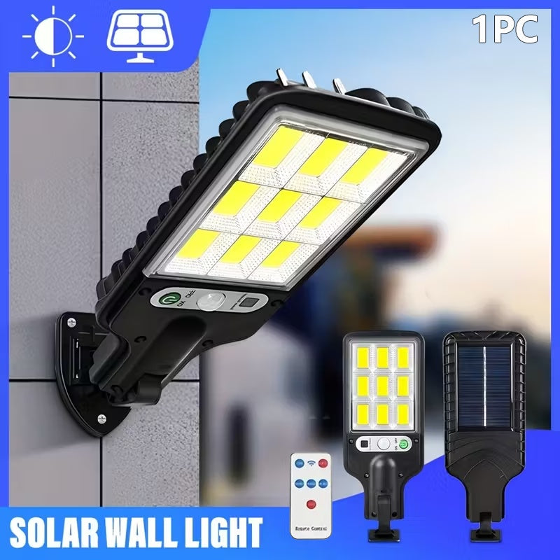 Lumière de rue solaire extérieure avec capteur 108COB, 8/6/4/2/1, lumière à détecteur de présence, applique murale télécommandée IP65, trois modes d'éclairage, pour jardin, cour, chaussée, porche, lumière de sécurité pour porte de garage, 5W