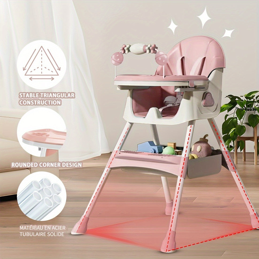 Chaise haute multifonctionnelle pour tout-petits, chaise haute réglable en hauteur, chaise pour bébé, chaise haute combinée avec ceinture de sécurité, jouets et plateau amovible pour manger et jouer