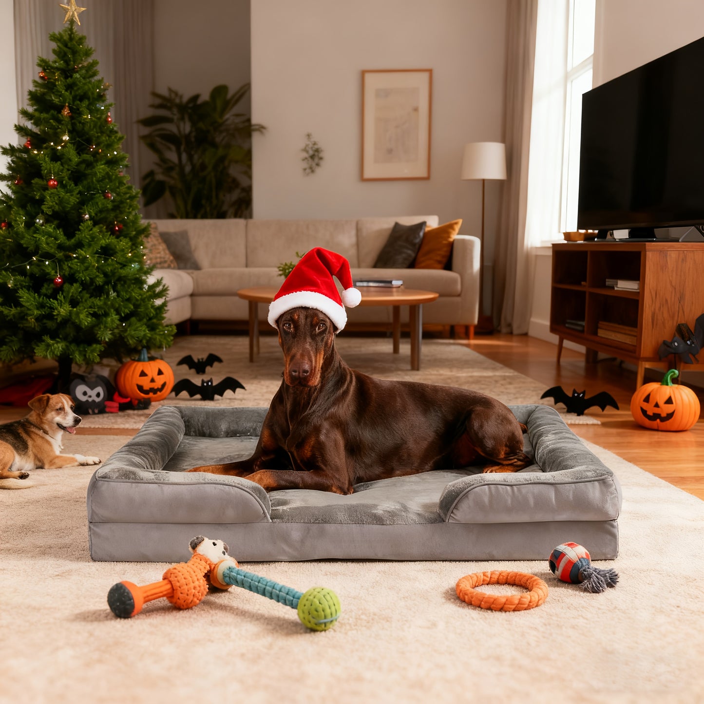 XXL Extra - Lit/Canapé/Kenne pour grands chiens et chats - Gris foncé et gris clair, mousse à mémoire de forme épaissie, housse amovible et lavable, antidérapant avec bords latéraux, lit pour grands chiens/chats, cadeau de Noël, livré avec une couverture