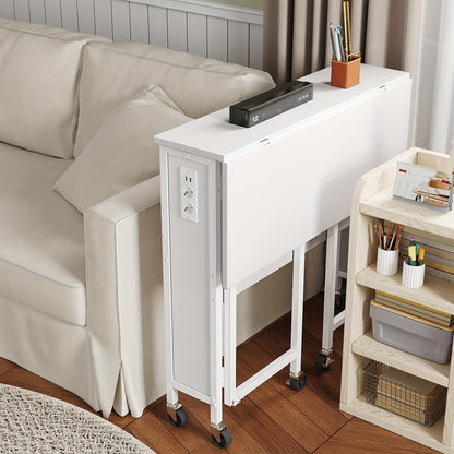 Bureau d'ordinateur portable pliable et tendance blanc avec roulettes, bureau d'ordinateur portable mobile pliable avec station de charge, bureau d'ordinateur pliable 80 x 50 cm, bureau d'étude, convient pour salon, chambre, bureau, salle de jeux, peut êt