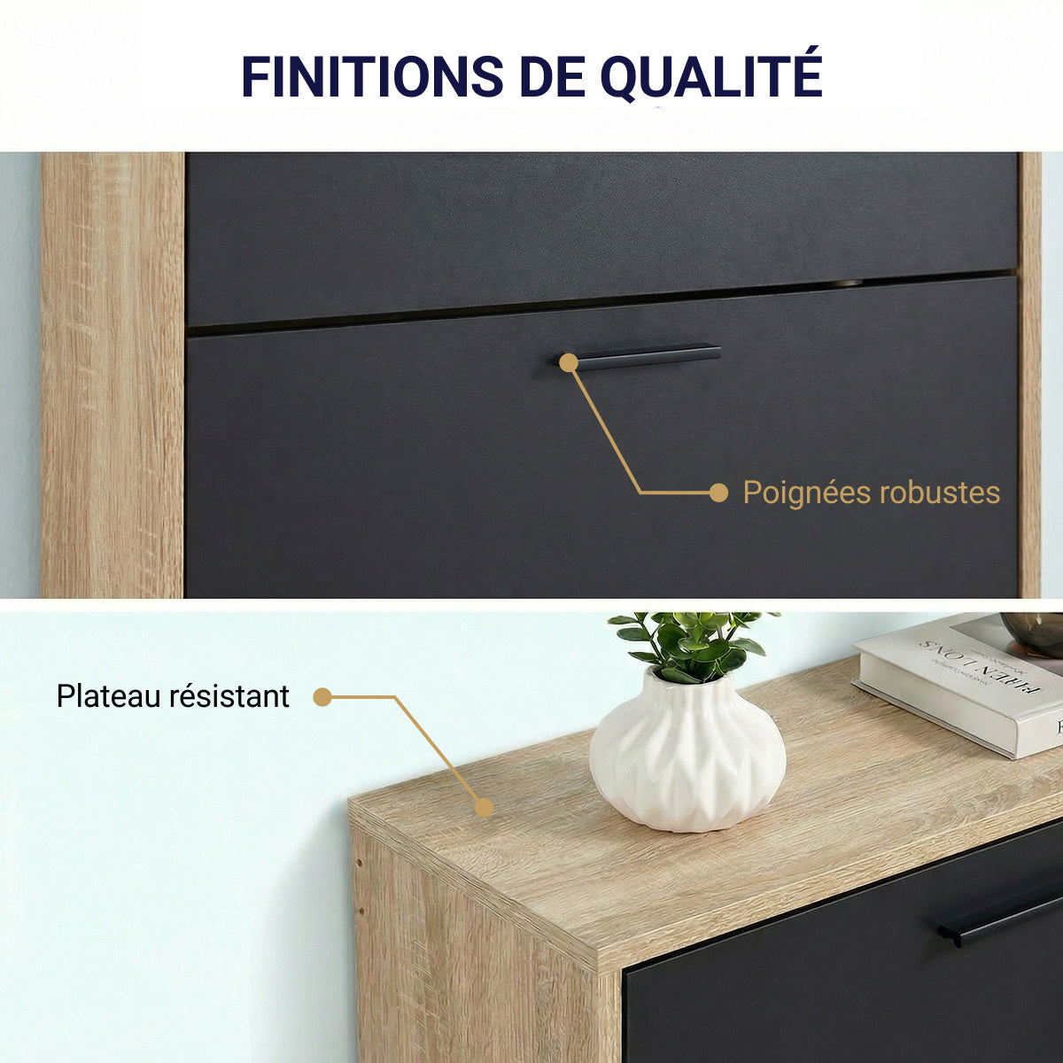 Meuble à chaussures avec 3 compartiments à abattant, armoire de rangement en bois pour jusqu'à 18 paires, organisateur d'entrée peu encombrant