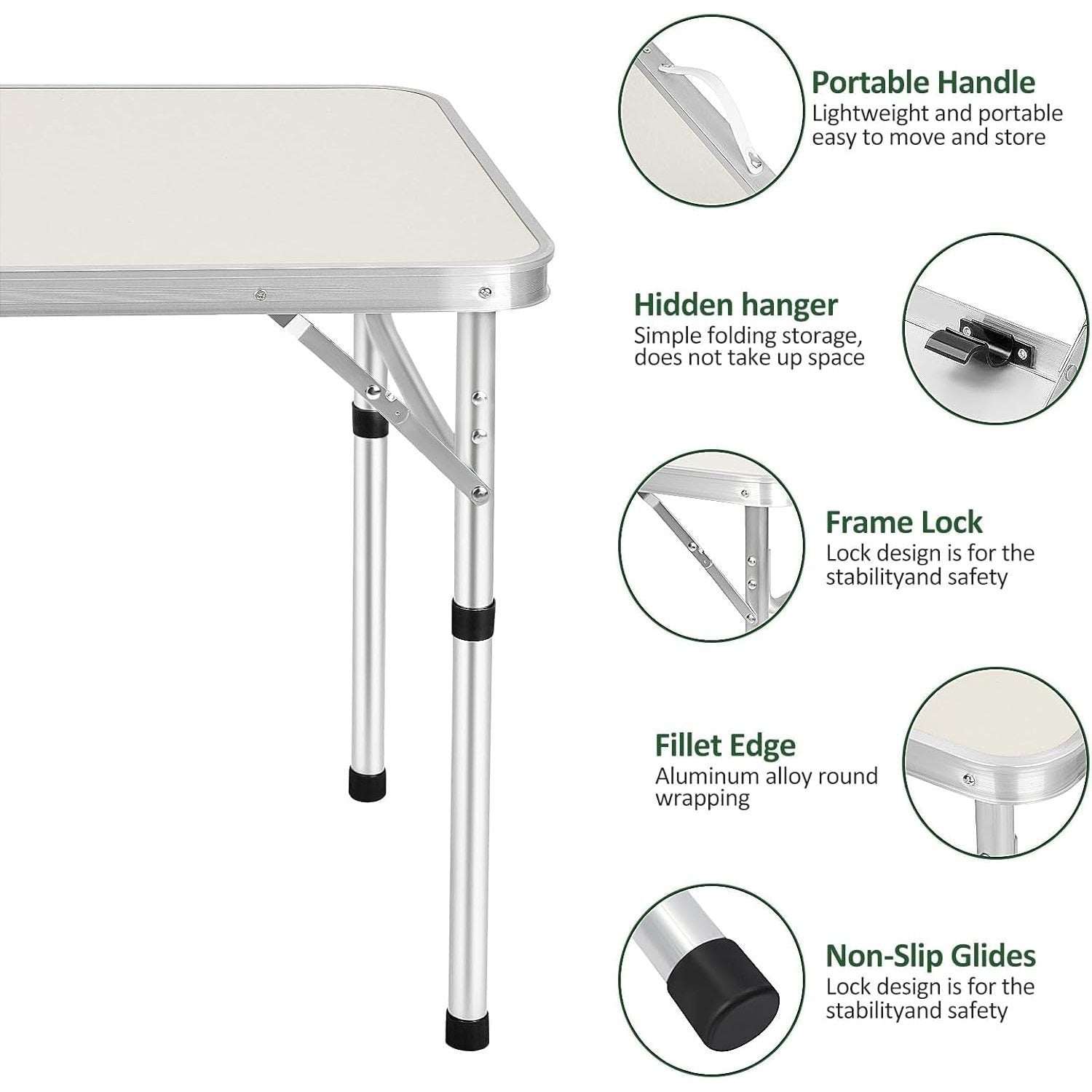Table pliante 2 pieds robuste à hauteur réglable, table de camping portable avec poignée de transport, pour intérieur extérieur jardin fête BBQ 60x45x26/56 cm en aluminium, bureau BBQ pour cuisine extérieure