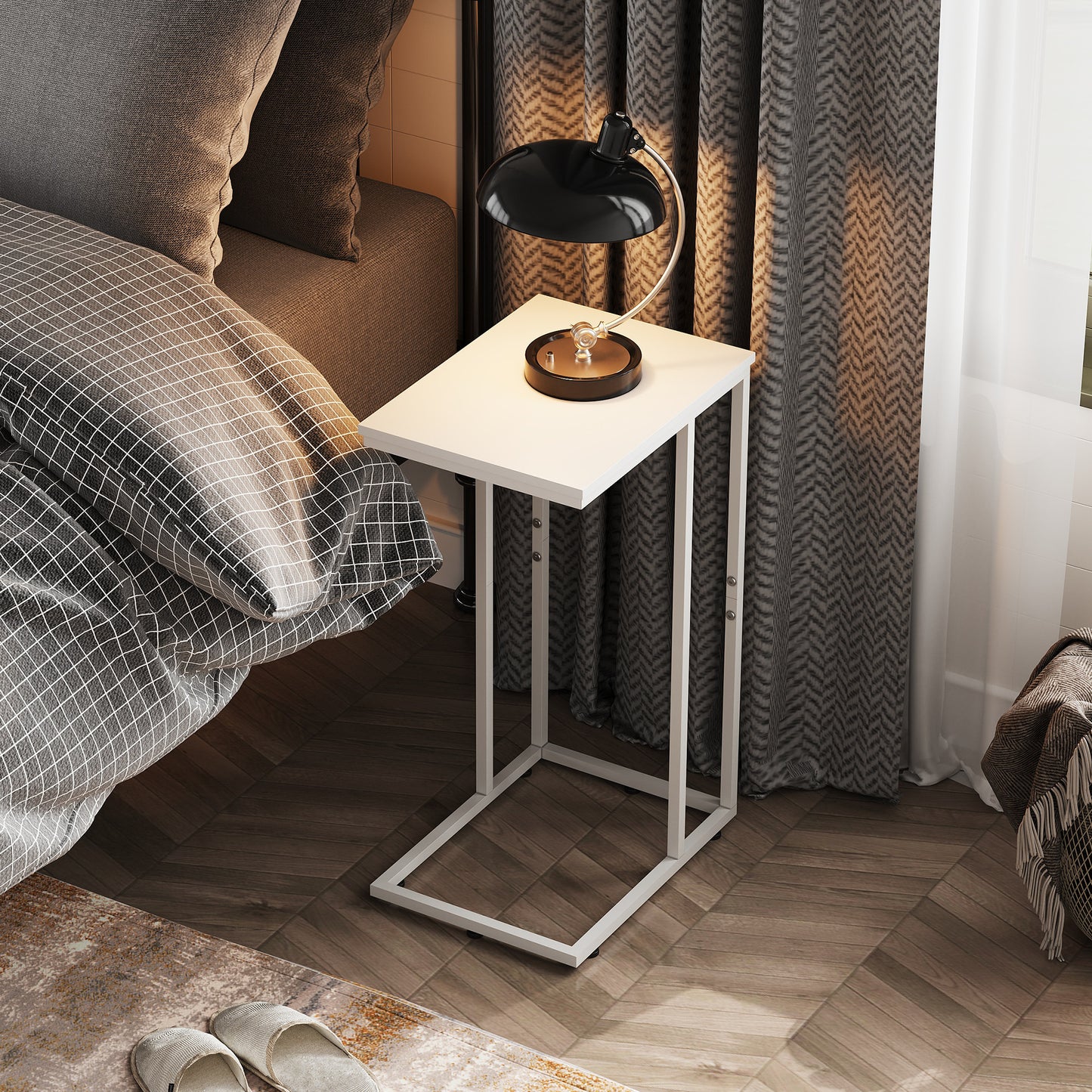 Table d'appoint en forme de C, table de chevet pour chambre, salon, tables d'appoint avec cadre en métal, table de salon pour canapé, table de canapé marron