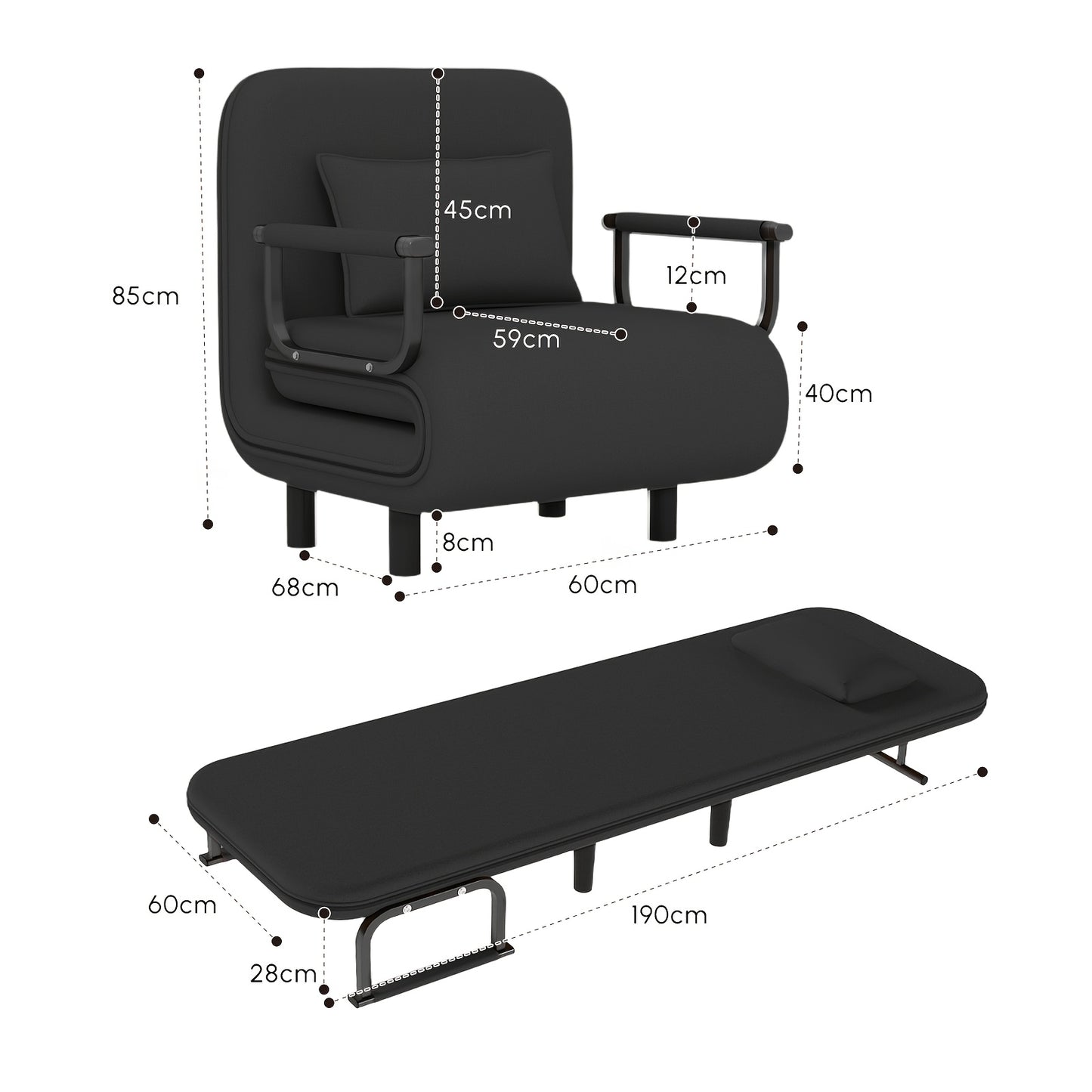 Fabuleux Fauteuil Lit Convertible 5-en-1 Fabulcozy, Fauteuil de Sieste Pliant avec Accoudoirs en Métal, Fauteuil de Détente Inclinable Réglable, Meuble de Rangement Peu Encombrant, Fauteuil de Salon, Montage Facile, Entrepôt Local