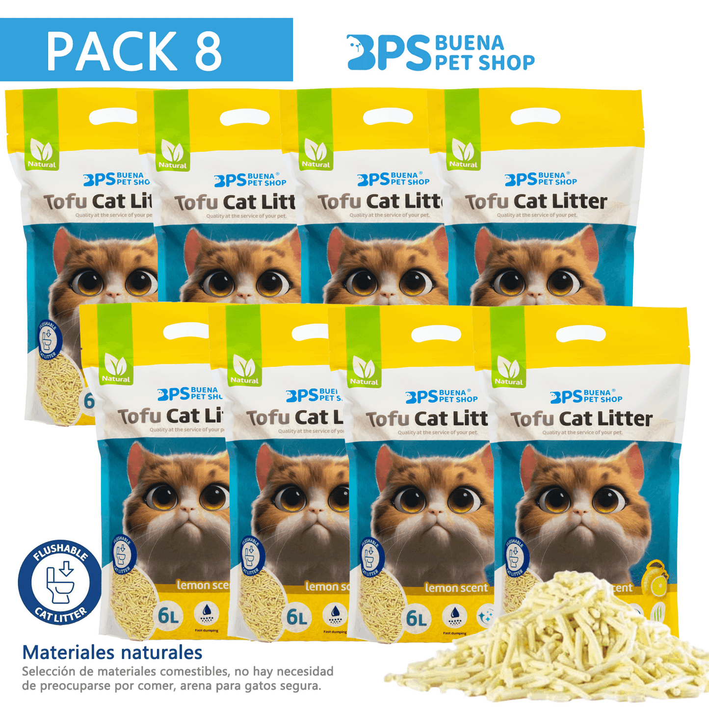 BPS Litière pour Chat Tofu Arena 6L - Sans Poussière, Facile à Agglomérer et Contrôle des Odeurs - et Sûre pour les Chaton - Lot de 8 Sacs