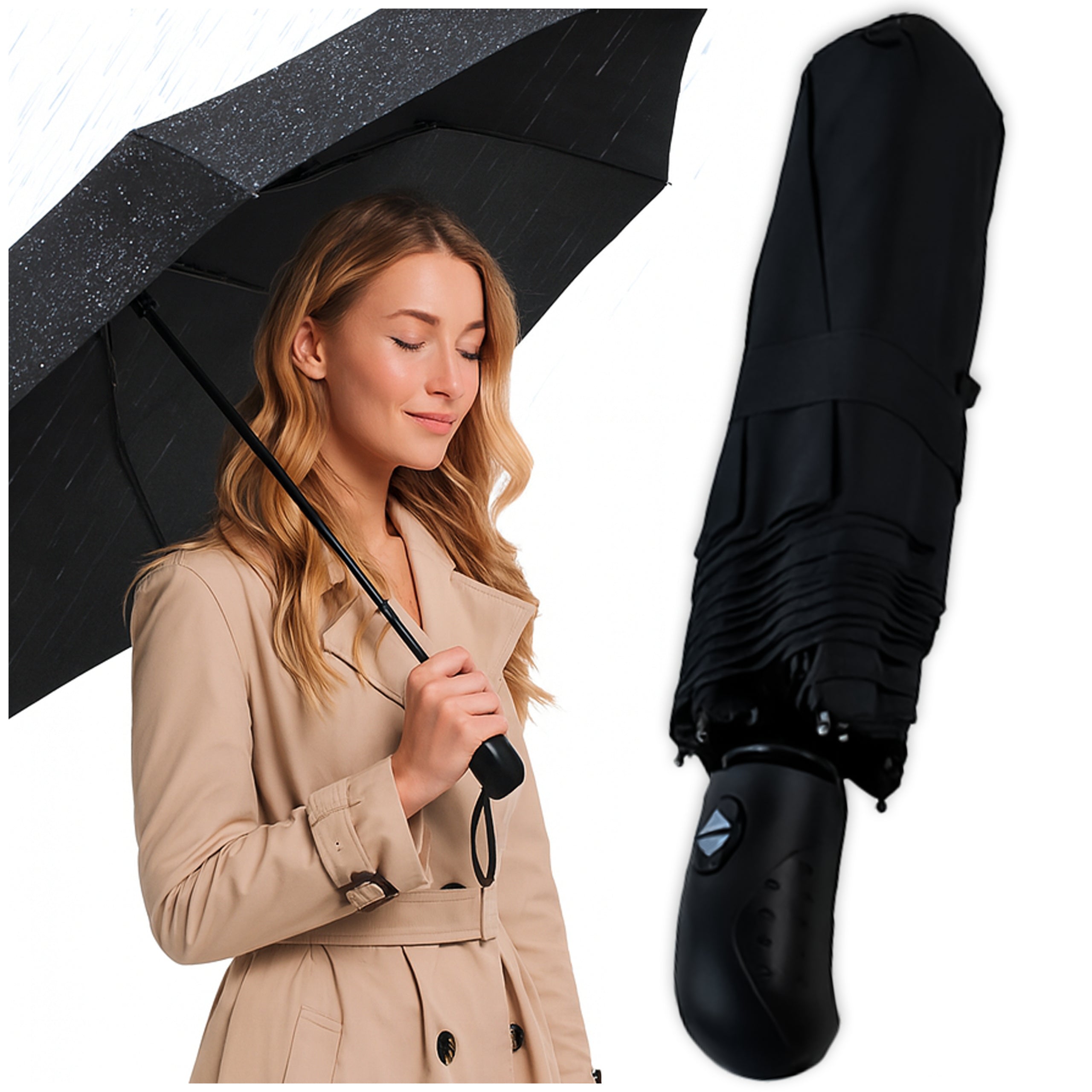 PARAPLUIE XXL NOIRE PLIANTE AUTOMATIQUE ET RÉSISTANTE AU VENT. Ouverture et fermeture à un bouton. Armature robuste à 8 baleines en acier à ressort et fibre de carbone. Diamètre XXL de 96 cm. Matériau à séchage rapide avec revêtement UV. Longueur compacte