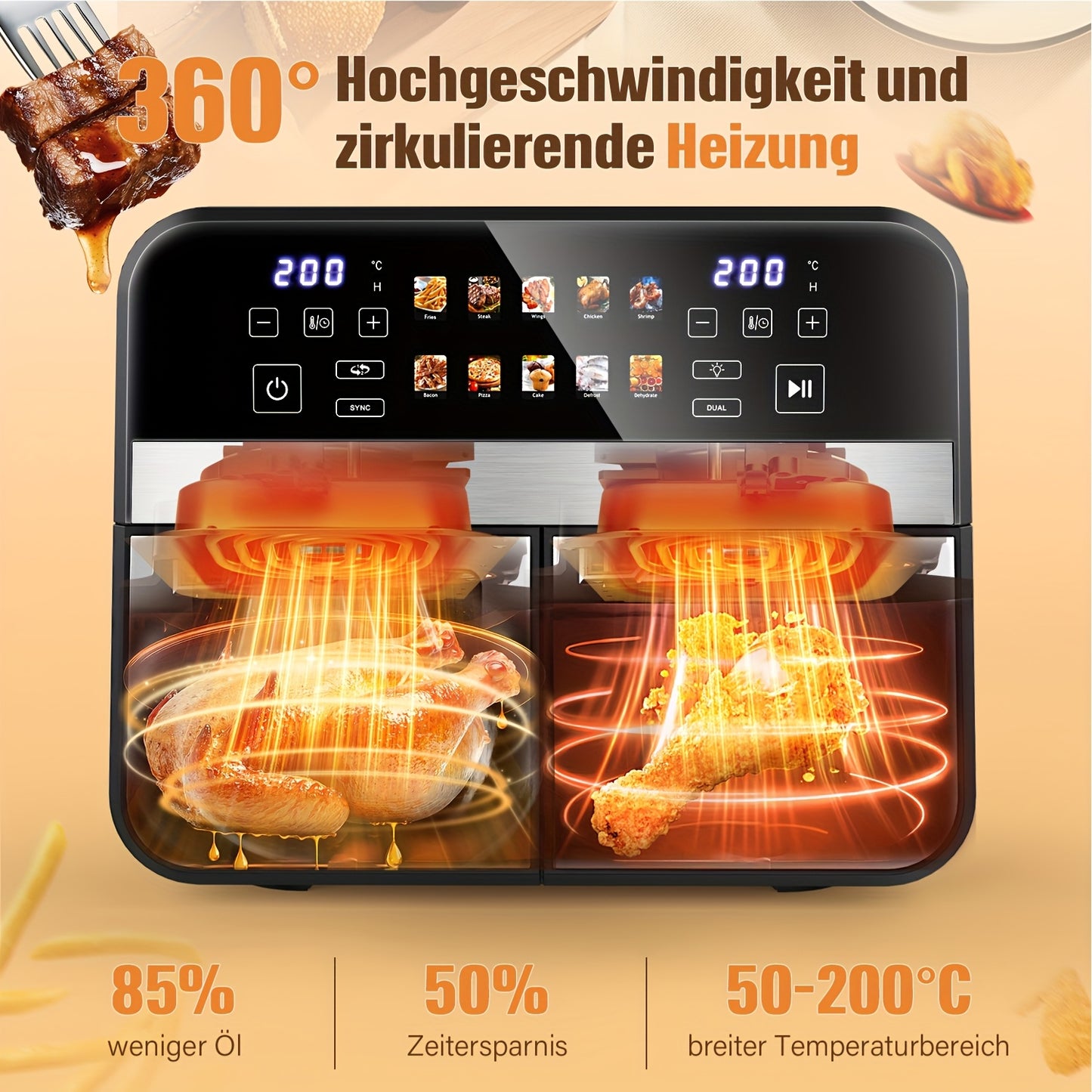 Friteuse à Air 10,5L 10-en-1 DualZone avec 2 Paniers Indépendants, Fenêtres Visibles, Cuisson Synchronisée pour Déshydrater, Dégeler, Rôtir, Cuire, Réchauffer et Plus, Repas Rapides et Faciles, Antiadhésive et Lavable au Lave-Vaisselle