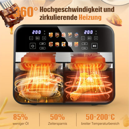Friteuse à Air 10,5L 10-en-1 DualZone avec 2 Paniers Indépendants, Fenêtres Visibles, Cuisson Synchronisée pour Déshydrater, Dégeler, Rôtir, Cuire, Réchauffer et Plus, Repas Rapides et Faciles, Antiadhésive et Lavable au Lave-Vaisselle