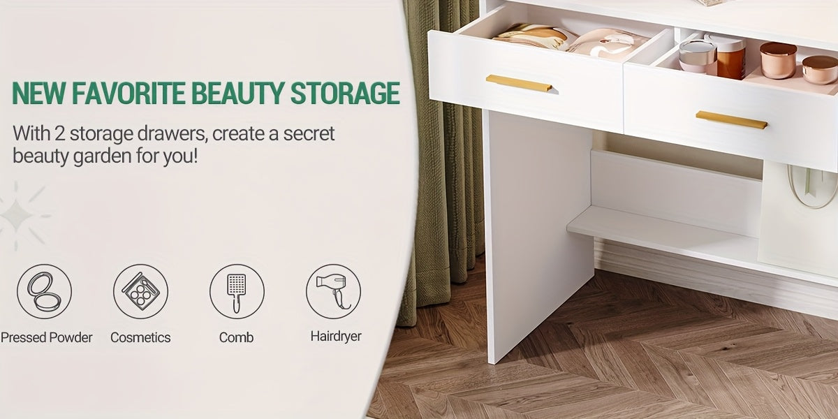 Table à toilette avec miroir, unité de toilette avec 4 étagères ouvertes et 2 compartiments, table à toilette avec 2 tiroirs, pour chambre à coucher, salon, ne comprend pas le tabouret