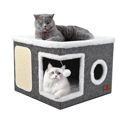 Maison pour chat avec lits à 2 niveaux, tunnel de jeu, canapé pliable, griffoir et balle suspendue en peluche - Cadre en nylon durable, toile douce, conception fermée toutes saisons, cube de lit pour chat d'intérieur facile à assembler, unité de divertiss