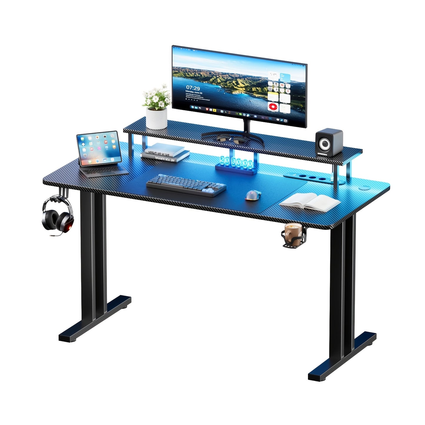 Bureau de Jeu RGB LED avec Prises Électriques et Support pour Moniteur, Poste de Travail Ergonomique pour Ordinateur, Grand Plateau en Fibre de Carbone pour Bureau à Domicile avec Porte-Gobelet et Crochet pour Casque, Noir