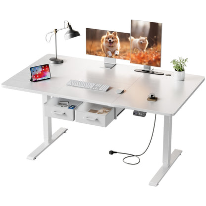Bureau Électrique Réglable en Hauteur avec 2 Tiroirs, Prises Intégrées sur le Plateau Ergonomique - Solution Polyvalente pour Bureau à Domicile, Adultes