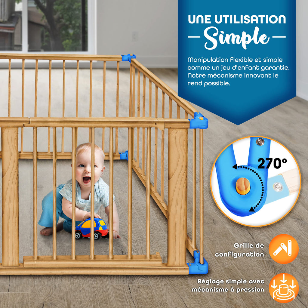 KIDUKU® Parc bébé pliable XXL de 7,2 mètres avec porte | Parc en bois avec double sécurité | Parc pliable pour enfants avec 8 éléments