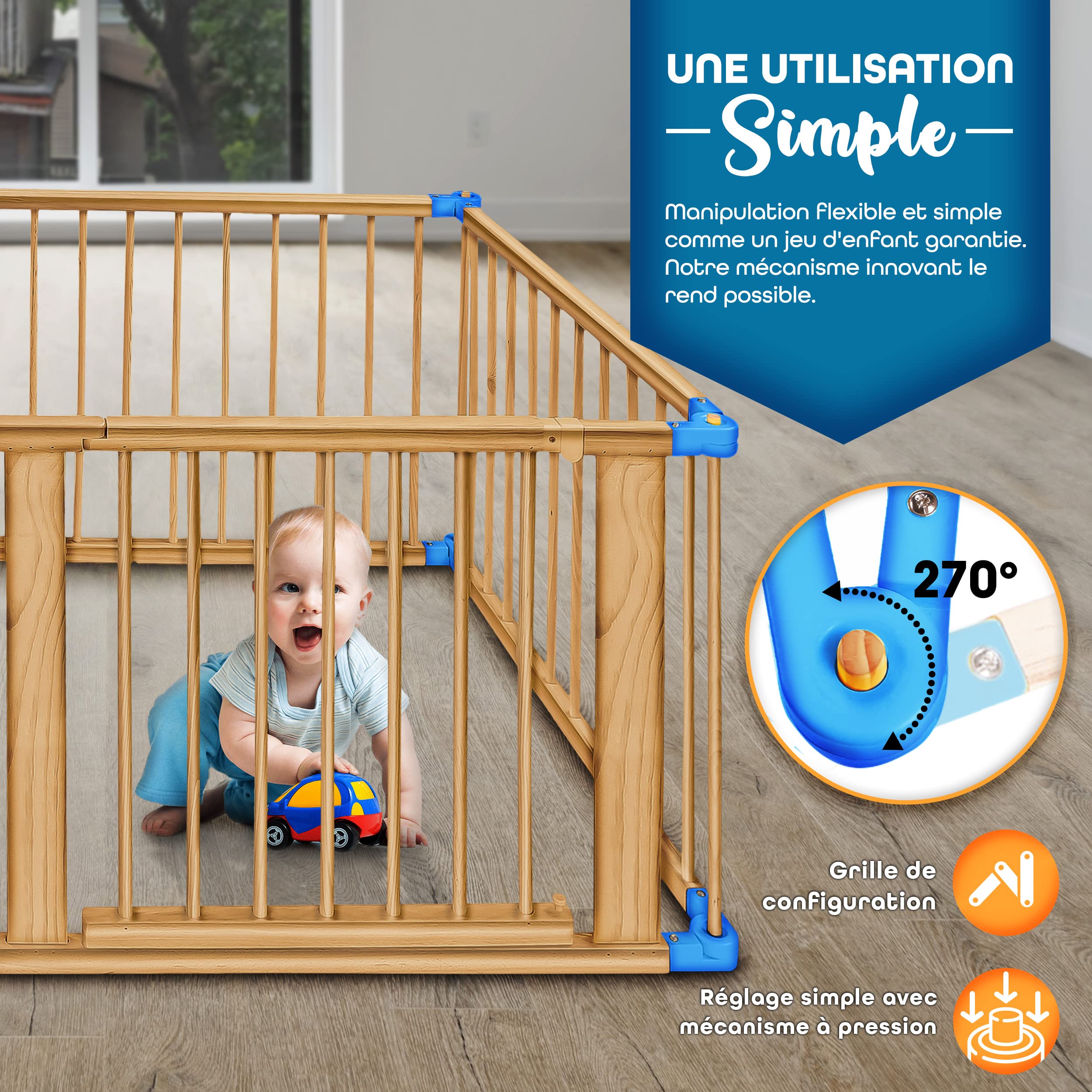 KIDUKU® Parc bébé pliable XXL de 7,2 mètres avec porte | Parc en bois avec double sécurité | Parc pliable pour enfants avec 8 éléments