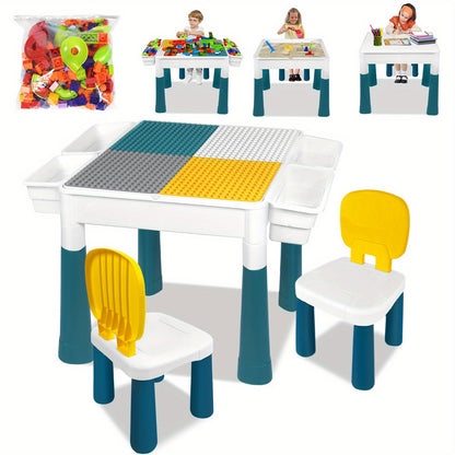 Table de jeu d'activité, Ensemble de table d'activité multifonctionnelle, Ensemble de table et de chaises de blocs de construction, Table d'artisanat de chambre, Table d'étude, avec 2 chaises et 163 blocs de construction