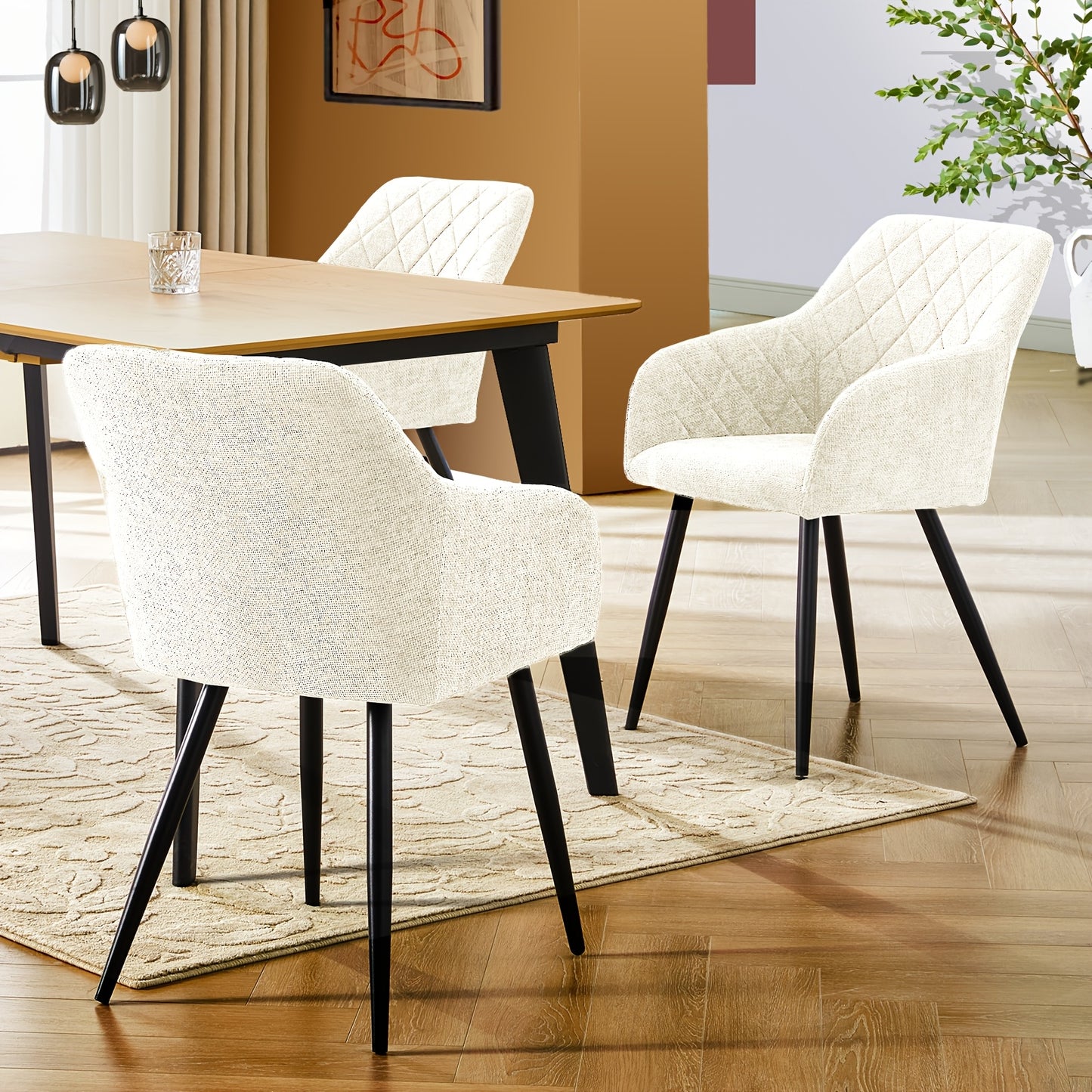 Ensemble de 2 chaises de salle à manger modernes en velours/lin, chaises de loisirs rembourrées avec accoudoirs et pieds en métal, chaises d'angle pour cuisine, salon, bureau à domicile, réception