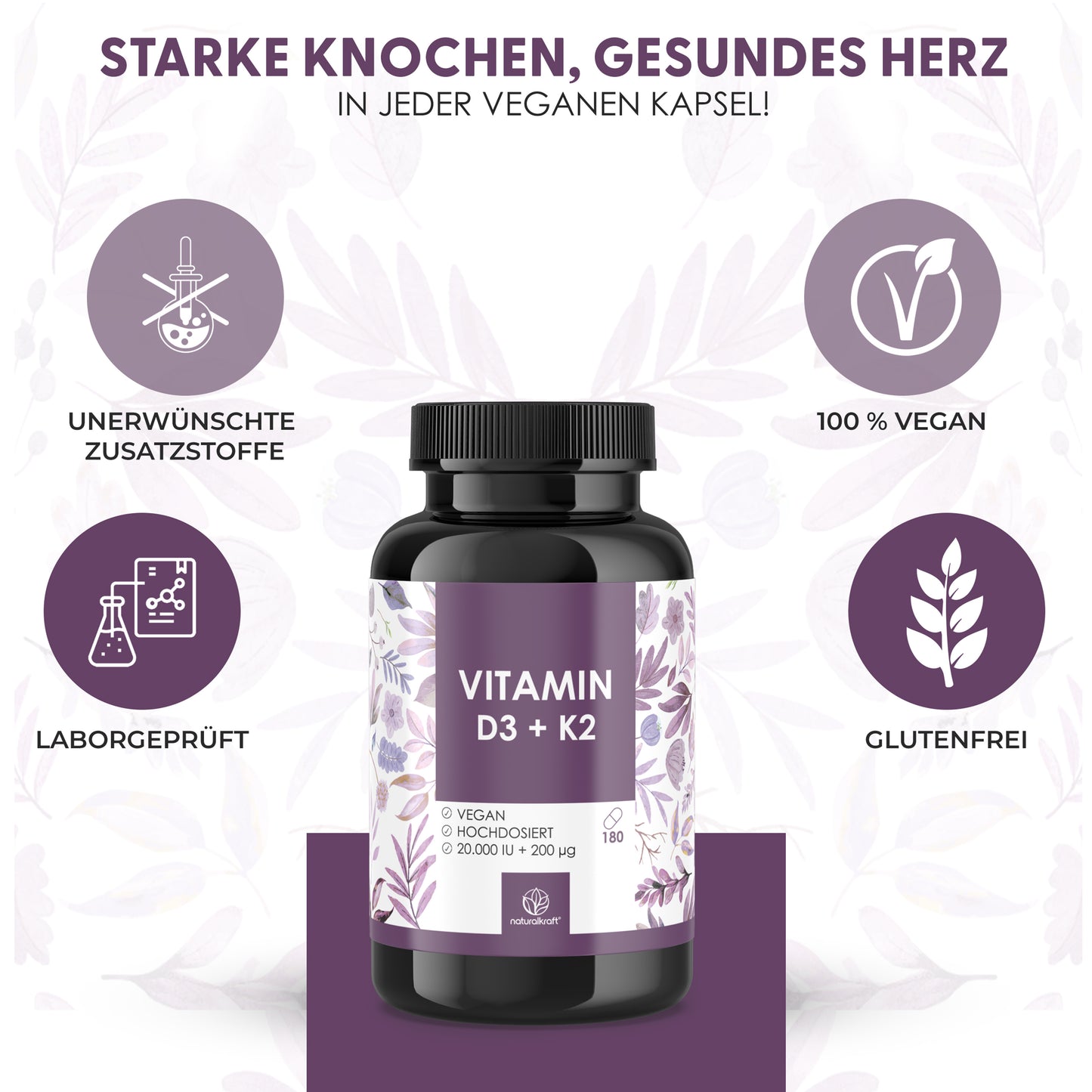 NATURALKRAFT® Vitamine D3 + K2 Premium, 20 000 UI + 200 mcg, Dépôt (180 gélules, Dose élevée et Végane) – Qualité Marque Allemande