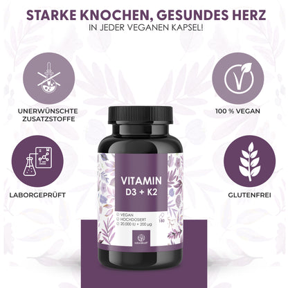 NATURALKRAFT® Vitamine D3 + K2 Premium, 20 000 UI + 200 mcg, Dépôt (180 gélules, Dose élevée et Végane) – Qualité Marque Allemande