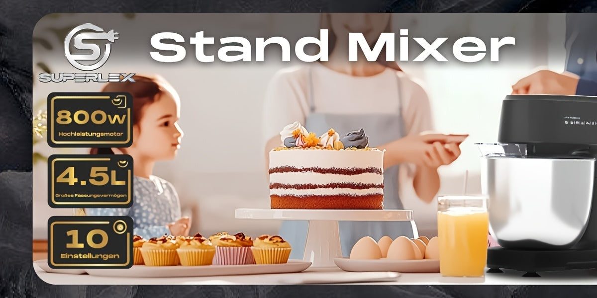 SUPERLEX Batteur de Cuisine 3-en-1 800W | Robot Culinaire 4.5L avec Fouet et Crochet à Pâte | Appareil de Pétrissage de Cuisine Polyvalent