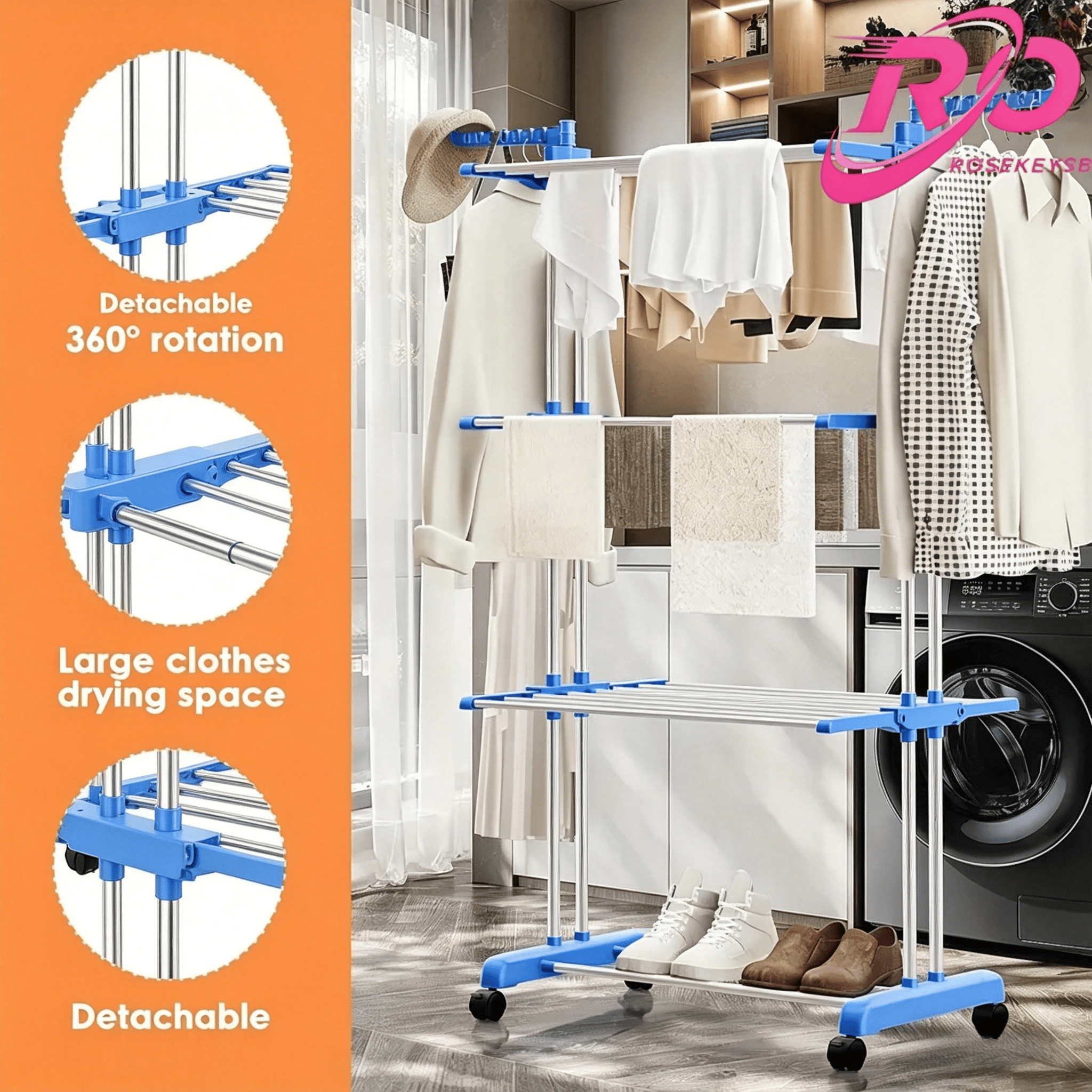 Étagère à vêtements à plusieurs niveaux avec éléments amovibles pour un rangement peu encombrant. Fabriquée en acier inoxydable pour une capacité de charge élevée. Avec étagère plate et roues rotatives à 360° - Rotation à 360° - Protection contre le bascu