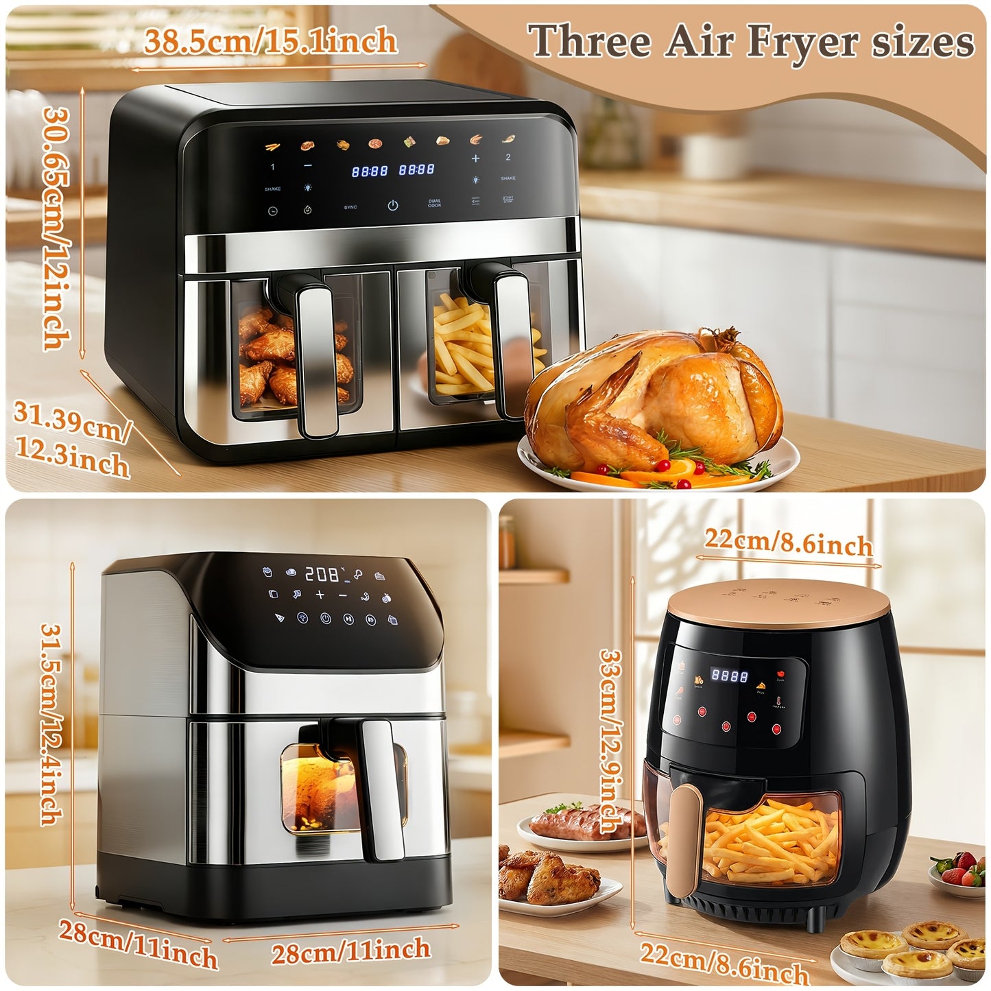 Friteuse sans huile 6,2L 8L Panier/9L Double Panier, 8 Menus Prédéfinis Tactiles, Facile à Nettoyer, Friture Saine et Sans Huile, Idéale pour les Réunions Familiales et l'Usage en Cuisine
