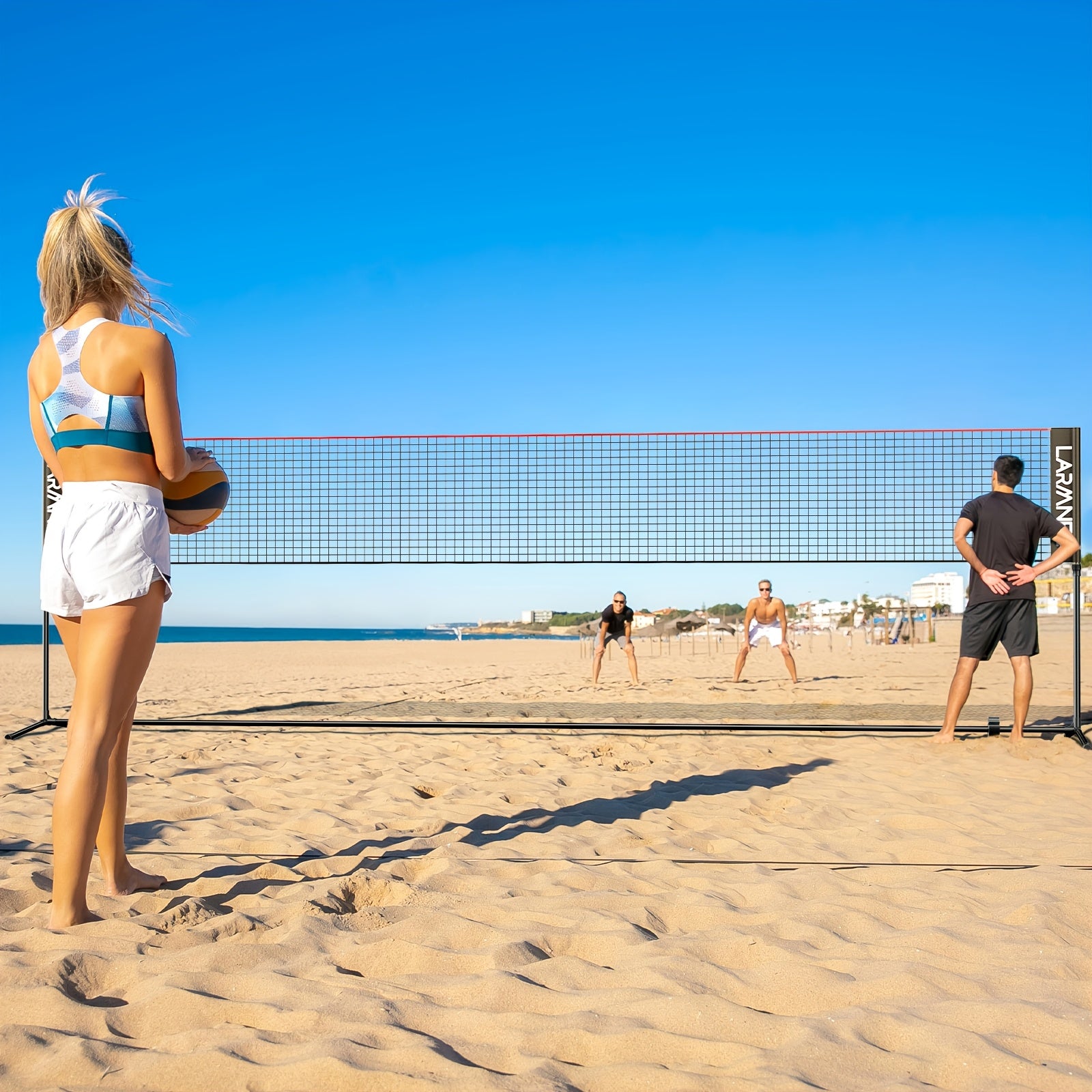 Filet de badminton de 5 mètres avec trois hauteurs réglables pour répondre à différents besoins, adapté à divers sports, tube en métal doré robuste, structure stable sans tremblement, filet PE durable, facile à assembler
