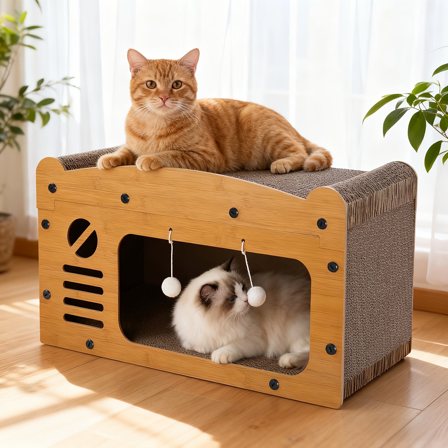 Grande maison pour chat avec poteaux à griffer, panier de transport et griffoir 3-en-1 en carton pour aiguiser les griffes, se cacher et se reposer, pompon intégré pour jouer, construction durable et robuste & facile à assembler, supporte jusqu'à 11 kg, c