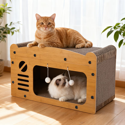Grande maison pour chat avec poteaux à griffer, panier de transport et griffoir 3-en-1 en carton pour aiguiser les griffes, se cacher et se reposer, pompon intégré pour jouer, construction durable et robuste & facile à assembler, supporte jusqu'à 11 kg, c