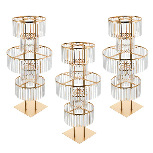 3 supports à fleurs élégants en acrylique cristal à 5 niveaux avec cadre métallique doré et pendentifs scintillants, décorations de mariage réutilisables, idéaux pour centres de table, murs de fond de cérémonie et décoration d'allée