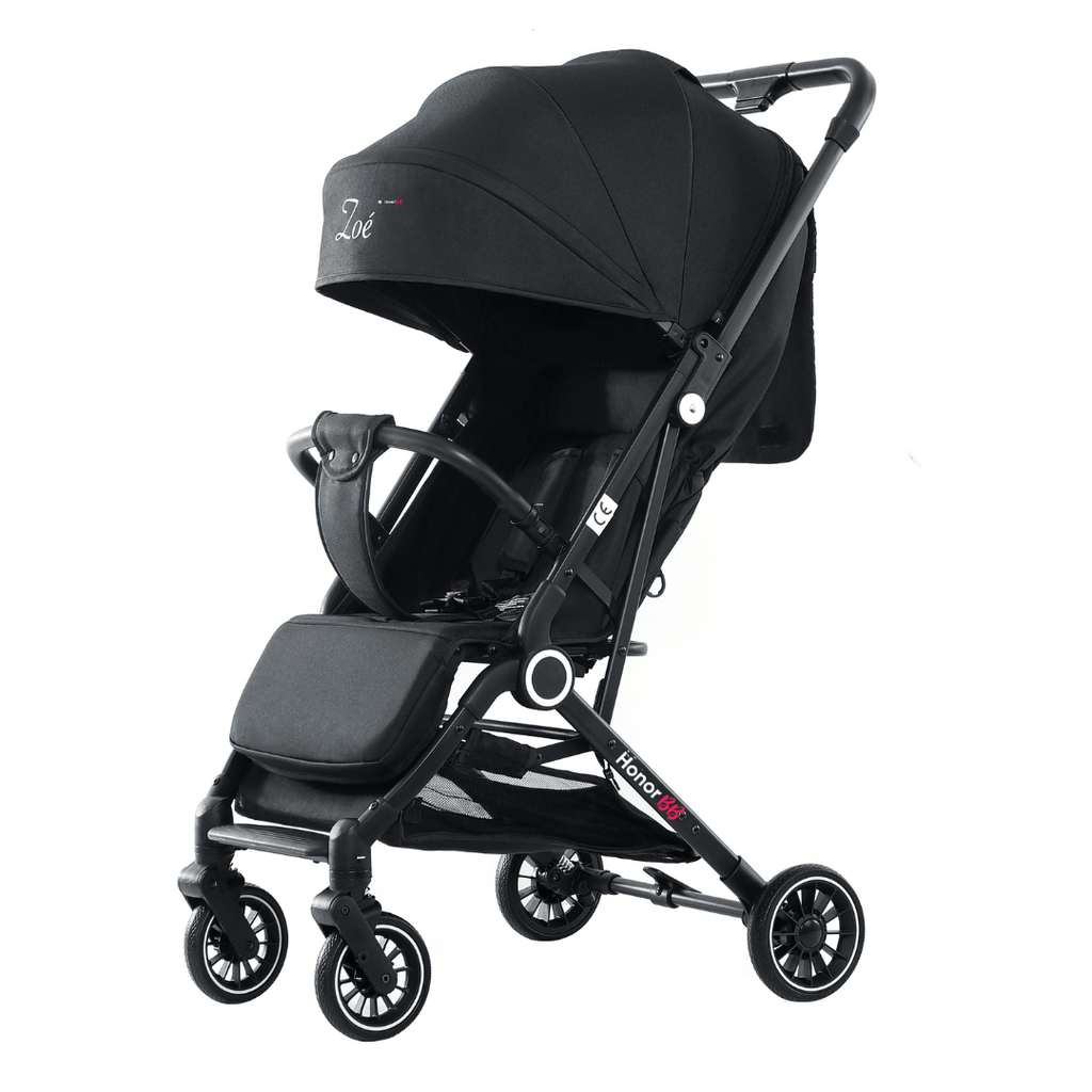 HonorBB ZOA Poussette Canne Bébé Légère et Compacte, 0-3 Ans, 0-15 kg, 3 Positions Inclinables, Pliage Automatique, Bandoulière, Moustiquaire et Protection Pluie Offerts – Essential Black