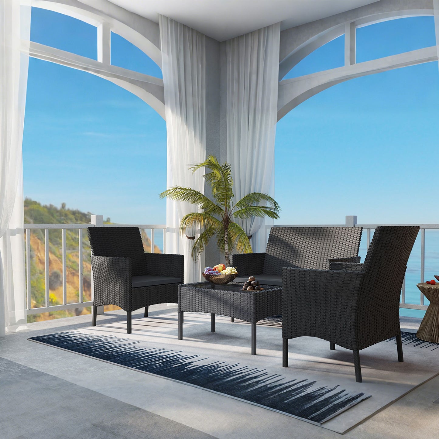 Ensemble de mobilier de jardin en rotin poly pour balcon - canapé 2 places, chaises individuelles et table avec coussins d'assise anthracite - choix de couleur salon (coussins d'assise anthracite)