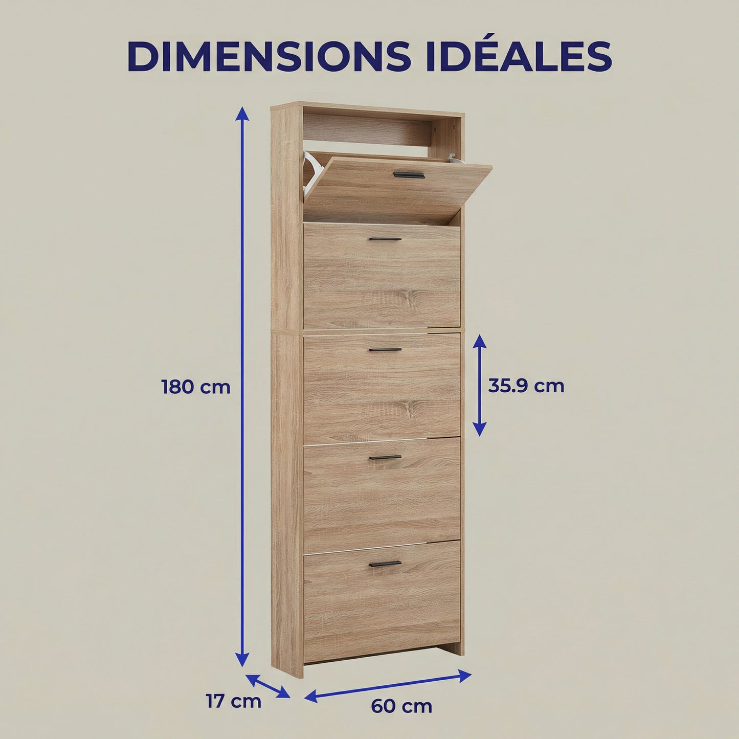 Meuble à chaussures fin avec 5 compartiments à rabat, armoire à chaussures en bois pour jusqu'à 15 paires, organisateur d'entrée peu encombrant