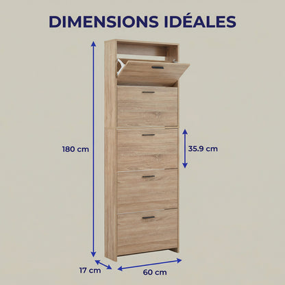 Meuble à chaussures fin avec 5 compartiments à rabat, armoire à chaussures en bois pour jusqu'à 15 paires, organisateur d'entrée peu encombrant