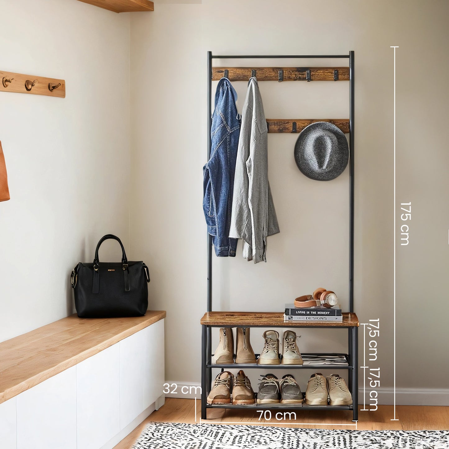 Porte-Manteau, Arbre à Hall avec Banc de Rangement pour Chaussures, 32 x 70 x 175 cm, Style Industriel, Marron Rustique et Noir