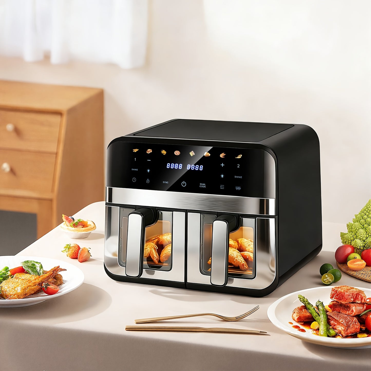 Friteuse sans huile 6,2L 8L Panier/9L Double Panier, 8 Menus Prédéfinis Tactiles, Facile à Nettoyer, Friture Saine et Sans Huile, Idéale pour les Réunions Familiales et l'Usage en Cuisine