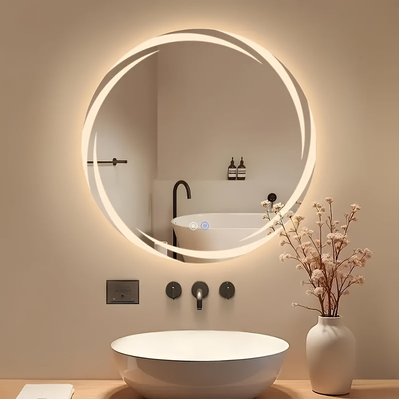 Miroir de Salle de Bain Intelligent Mural de 60 cm de Diamètre, LED Réglable, -Buée, Lumière Froide et Chaude Changeante, Miroir de Maquillage Mural, Miroir de Salle de Bain, Hôtel, Salle de Bain, Miroir Décoratif