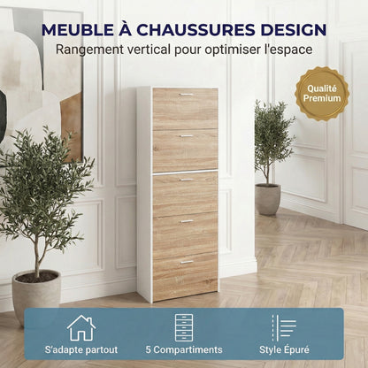 Meuble à chaussures fin avec 5 compartiments à rabat, armoire à chaussures en bois pour jusqu'à 15 paires, organisateur d'entrée peu encombrant