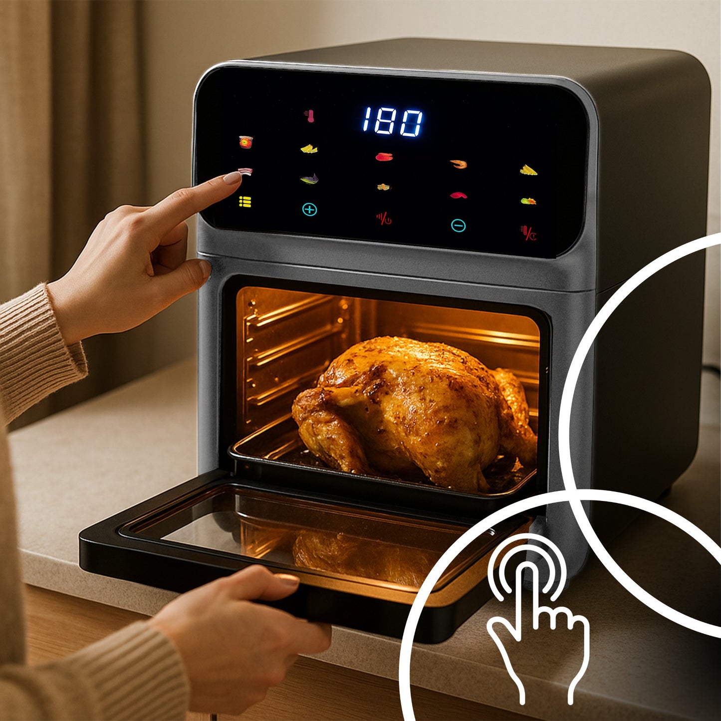 Friteuse à air sans graisse 12L, four multifonctionnel 1350W, 10 modes de cuisson, écran LED tactile, contrôle du temps et de la température 80-200°C, circulation d'air chaud, fenêtre de visualisation avec éclairage, nettoyage facile, ensemble avec gant e
