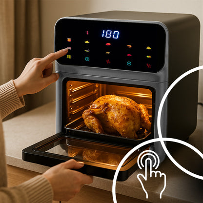 Friteuse à air sans graisse 12L, four multifonctionnel 1350W, 10 modes de cuisson, écran LED tactile, contrôle du temps et de la température 80-200°C, circulation d'air chaud, fenêtre de visualisation avec éclairage, nettoyage facile, ensemble avec gant e