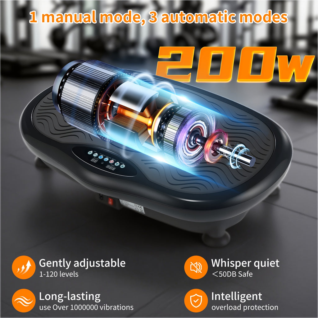 Machine de Vibration Corporelle Complète avec 120 Niveaux de Vitesse & Moteur 200W - Plaque de Fitness à Domicile Contrôlée par Application pour Perte de Poids, Tonification | Plaque de Vibration avec Haut-Parleur Musical, Bandes de Résistance & Tapis de