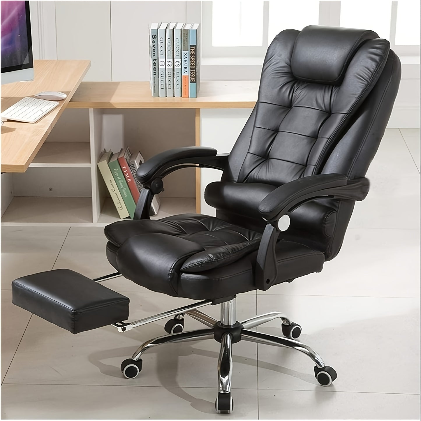 Chaise de bureau exécutive avec repose-pieds et support lombaire, chaise ergonomique inclinable pour ordinateur, dossier réglable, robuste, pivotante à 360° pour bureau à domicile (Noir)