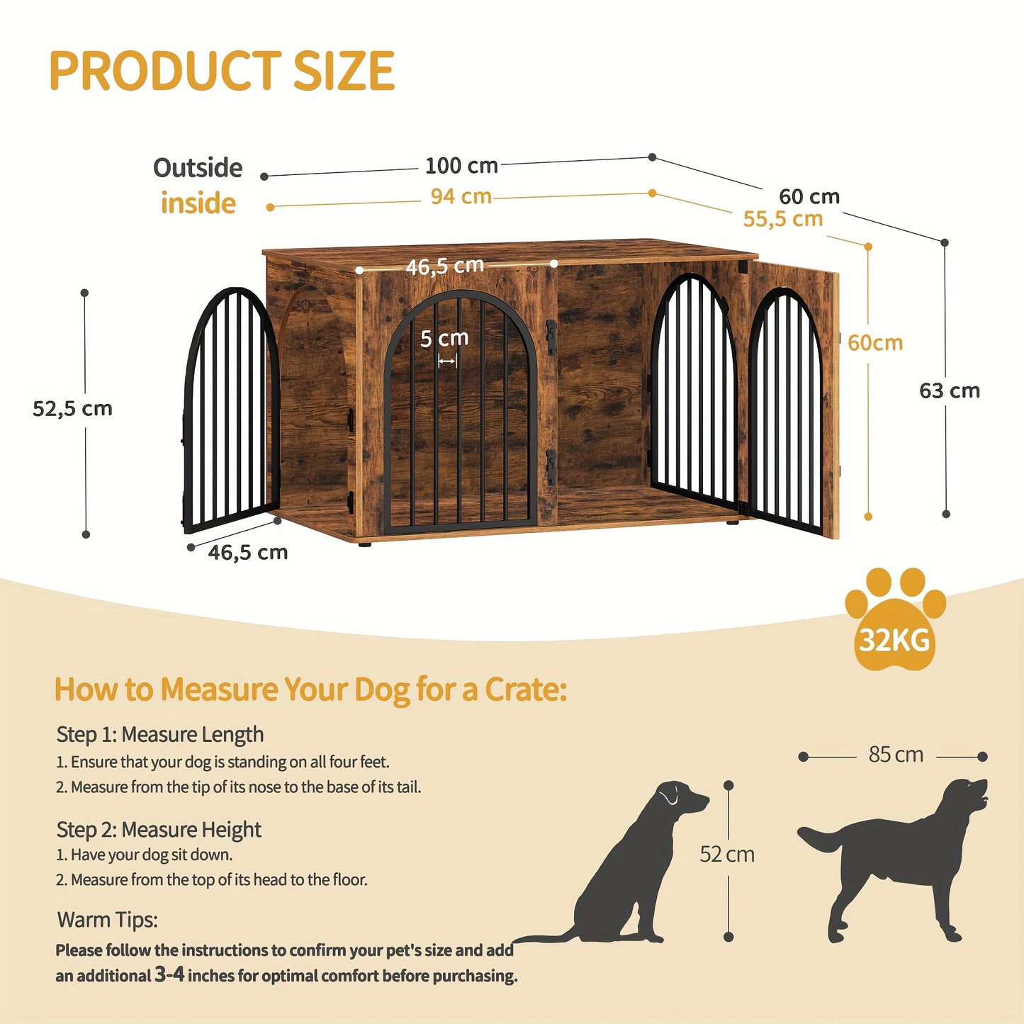 Cage pour chien meuble, 100 cm, 3 portes, porte cintrée, cage d'intérieur moderne pour chiens jusqu'à 100 kg, table d'appoint, cage pour chien pour la maison