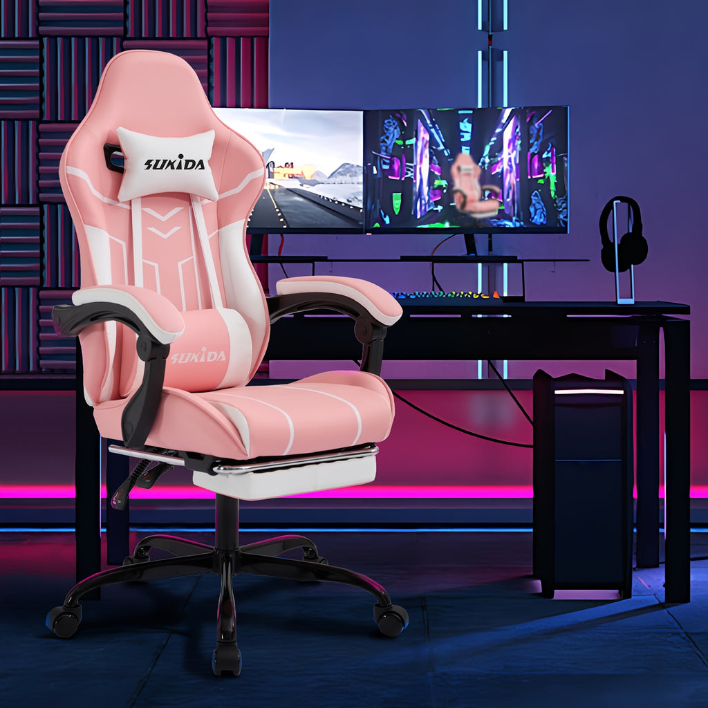 Fauteuil de jeu avec repose-pieds, large surface de siège, accoudoirs liés, dossier haut, chaise de gaming, chaise PC, fauteuil lounge à 135 degrés, chaise de gaming PC, roulettes silencieuses, hauteur réglable, chaise d'ordinateur, chaise d'apprentissage