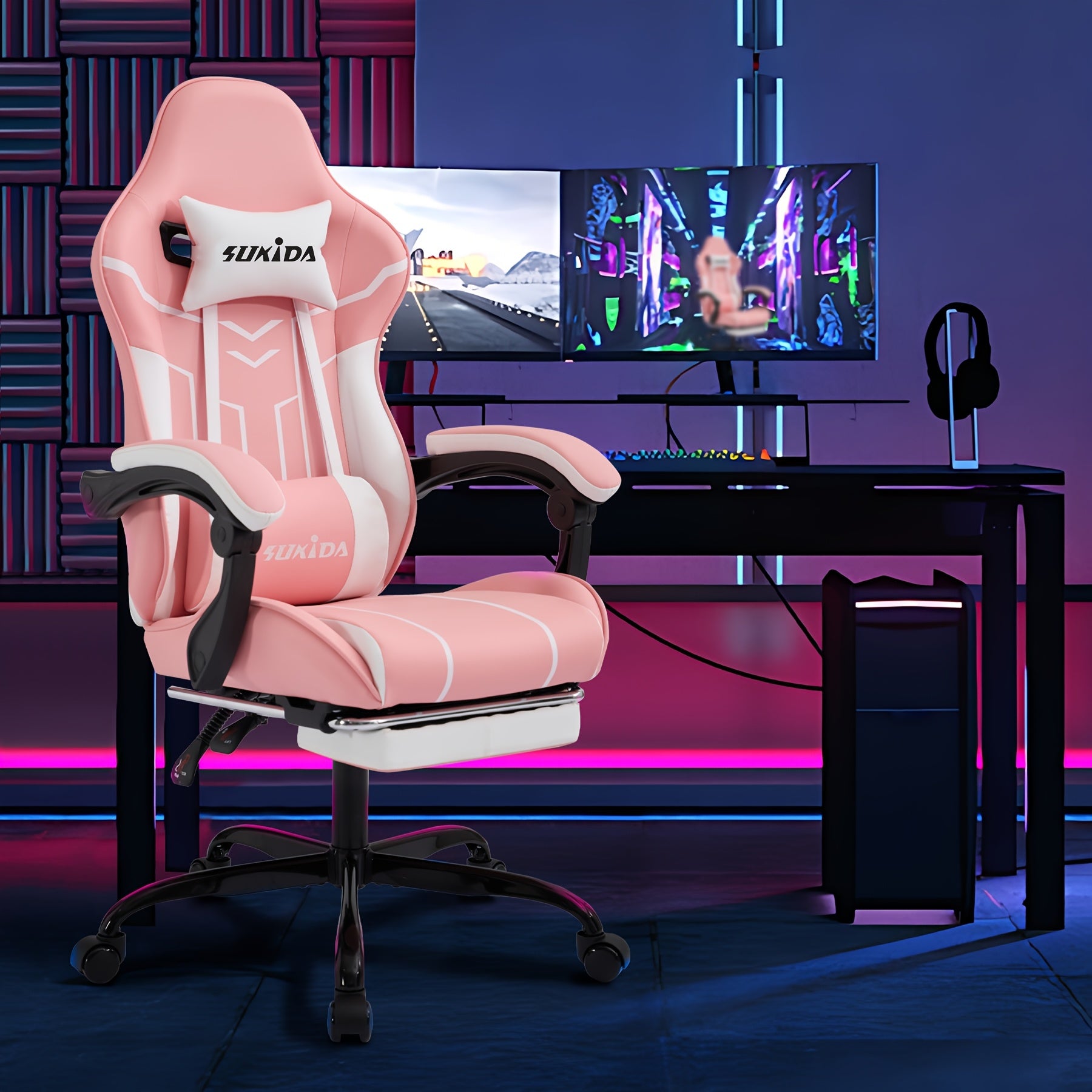 Fauteuil de jeu avec repose-pieds, large surface de siège, accoudoirs liés, dossier haut, chaise de gaming, chaise PC, fauteuil lounge à 135 degrés, chaise de gaming PC, roulettes silencieuses, hauteur réglable, chaise d'ordinateur, chaise d'apprentissage