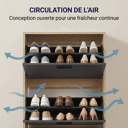 Meuble à chaussures avec 3 compartiments à abattant, armoire de rangement en bois pour jusqu'à 18 paires, organisateur d'entrée peu encombrant